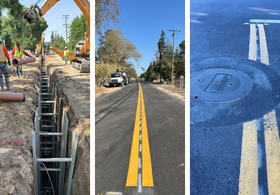 Construction of sewer pipeline with side-by-side view of the completed project